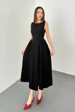 Robe mi-longue plissée noire en lin, vente en gros