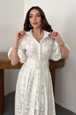 Robe à manches ballon écrue avec ceinture en gros