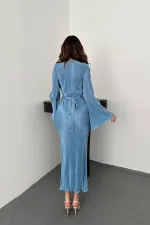 Robe plissée bleue à manches espagnoles en gros