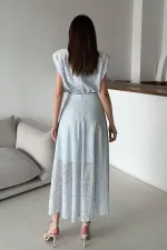 Toptan Mavi Dantelli Bluz Ve Etek Takım