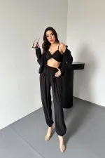 Toptan Siyah Gipe Detaylı Üçlü Takım