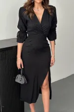 Robe jacquard fendue noire en gros