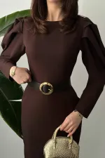 Toptan Kahverengi Kol Tepesi Pileli Kemerli Elbise