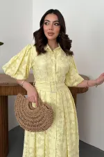 Robe jaune à manches ballon avec ceinture en gros