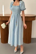 Toptan Mavi Gipeli Brode Elbise