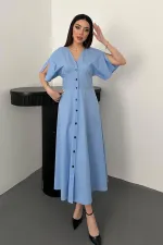 Toptan Mavi Düğmeli Midi Boy Poplin Elbise