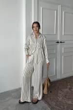 Toptan Mavi Çizgili Saten Takım