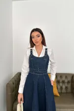 Toptan Mavi Midi Boy Bantlı Kot Elbise