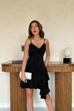 Toptan Siyah Jakarlı Asimetrik Elbise
