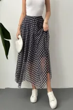 Toptan Lacivert Ekose Desen Tül Etek