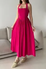 Robe en lin fuchsia à col licou en gros