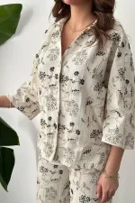 Toptan Bej Nakışlı Keten Takım