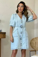 Toptan Kar Yıkama Balon Kollu Kısa Kot Elbise