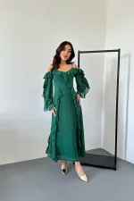 Toptan Zümrüt Fırfırlı Şifon Elbise