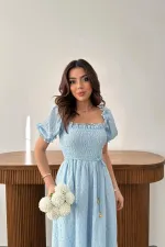 Toptan Mavi Gipeli Brode Elbise