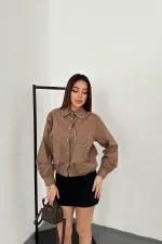 Toptan Kahverengi Taşlı Poplin Gömlek