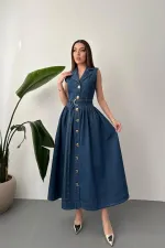 Toptan Mavi Uzun Kot Elbise