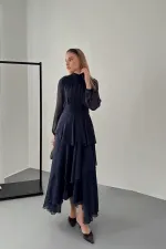 Toptan Lacivert Bel Detaylı Elbise