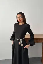 Toptan Siyah Balon Kollu Kuşaklı Elbise