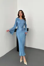 Robe plissée bleue à manches espagnoles en gros