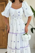 Robe brodée détaillée en dentelle lilas en gros