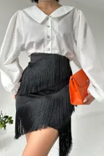 Toptan Siyah Püsküllü Saten Etek