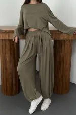 Ensemble haut et bas kaki à manches longues en gros