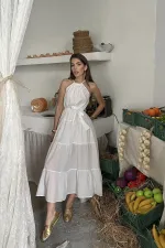 Toptan Ekru Halter Yakalı Kuşaklı Elbise