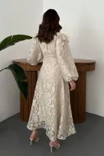 Toptan Bej Yakası Fular Detaylı Elbise