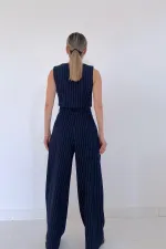 Wholesale Navy Blue Striped Jacket & Vest and Trouser Set