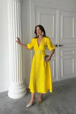 Toptan Sarı Işıltılı Kemerli Kruvaze Elbise