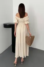 Toptan Bej Yakası Büzgülü Müslin Keten Elbise