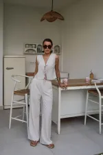 Costume en lin beige avec nœud sur le devant, vente en gros