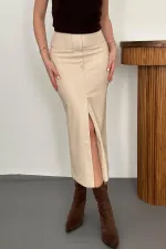 Toptan Bej Yırtmaçlı Süs Patlı Etek