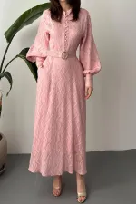 Toptan Pudra Kemer Detaylı Uzun Elbise