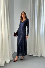 Toptan Lacivert Sırt Dekolteli Pulpayet Elbise