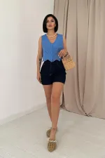 Toptan Mavi Sıfır Kol Brode Bluz