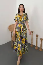 Toptan Mavi Desenli Uzun Pileli Elbise