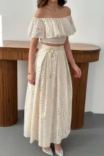 Toptan Bej Gipeli Bluz Etek Takım