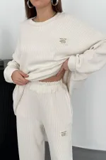 Toptan Ekru Klasik Fitilli Kazak Ve Pantolon Takım