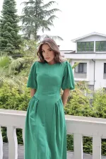 Toptan Yeşil Arkadan Bağlamalı Büzgülü Keten Elbise