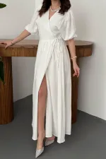 Toptan Ekru Müslin Uzun Elbise