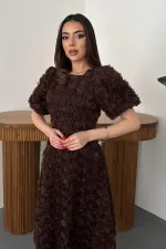 Toptan Kahverengi Güllü Elbise