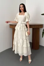 Robe beige à manches ballon superposées en gros