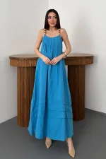 Toptan Mavi Askılı Müslin Elbise