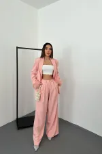 Toptan Pudra Kol Ucu Tüylü Ceket & Pantolon Takım