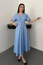 Toptan Mavi Düğmeli Midi Boy Poplin Elbise