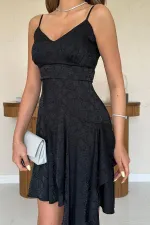 Toptan Siyah Jakarlı Asimetrik Elbise