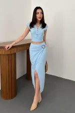 Toptan Bebe Mavi Keten Gömlek Ve Etek Takım