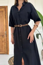 Robe à manches courtes en lin noir en gros